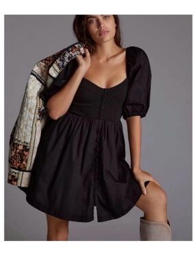 Maeve Anthropologie Puff-Sleeved Sweetheart Mini Dress Black Size Small